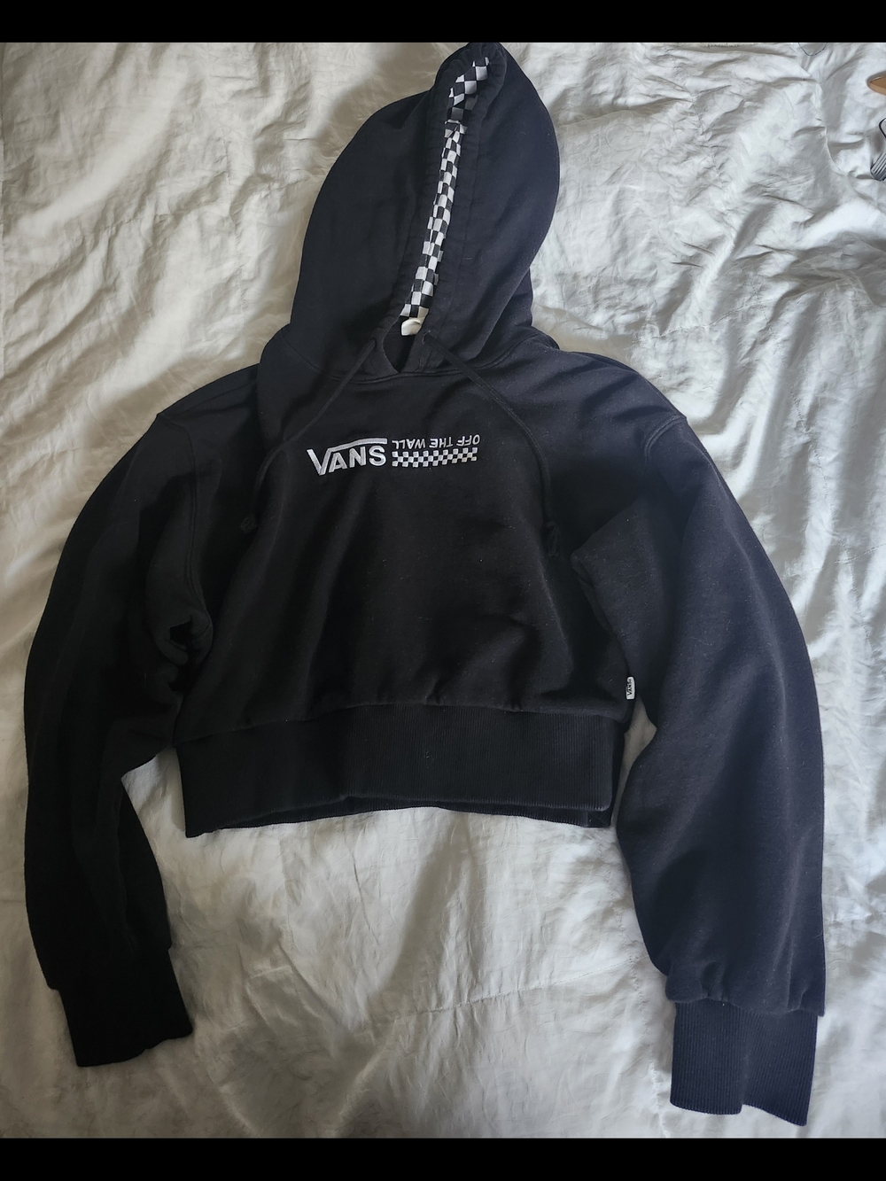 Vans Black Cropped Hoodie with Checker Pattern Hood